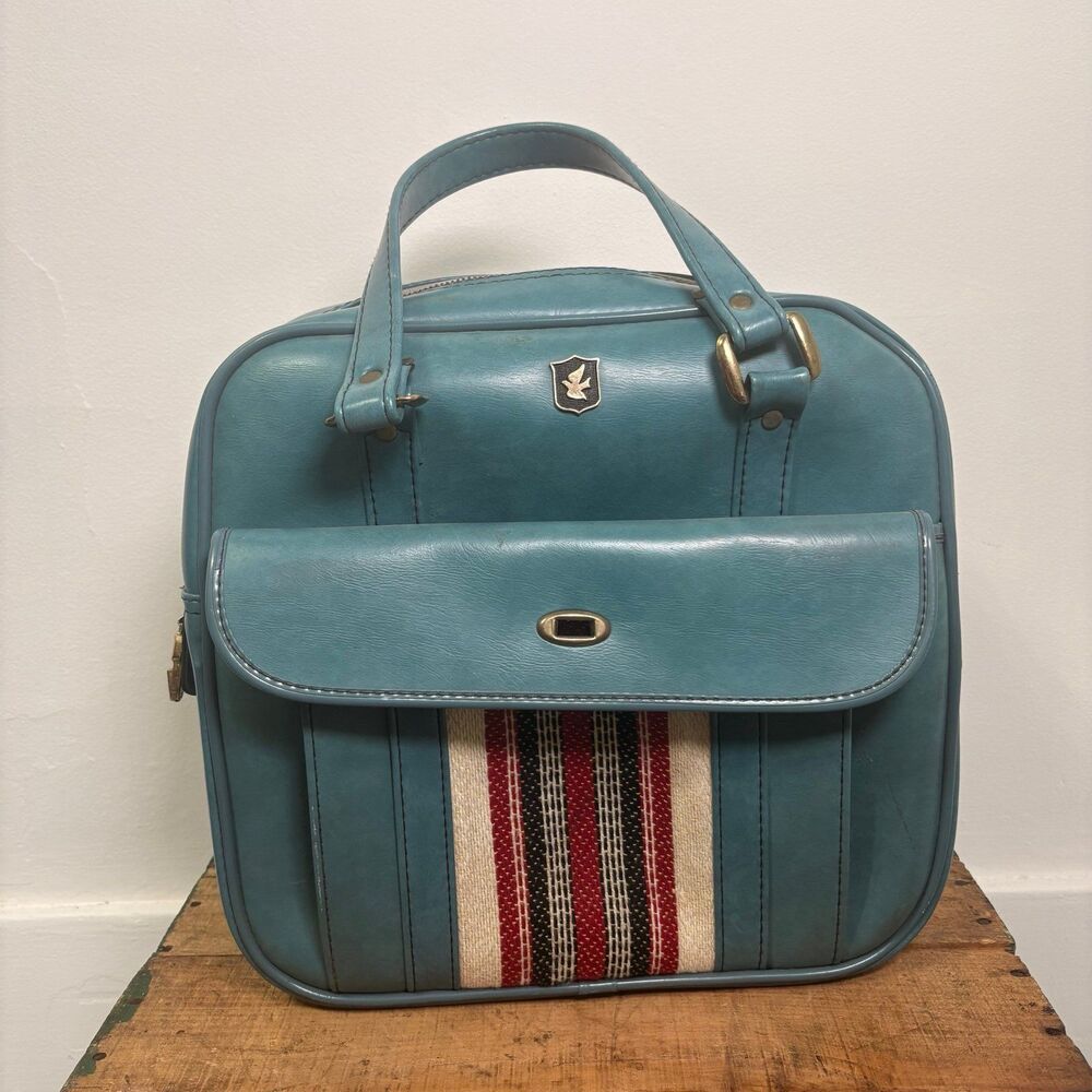 Vintage 70s Teal Blue Striped Accent Pilot Bag